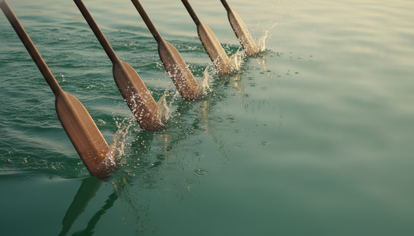 Paddle blades entering the water together, the timing that decides how fast a dragon boat moves.