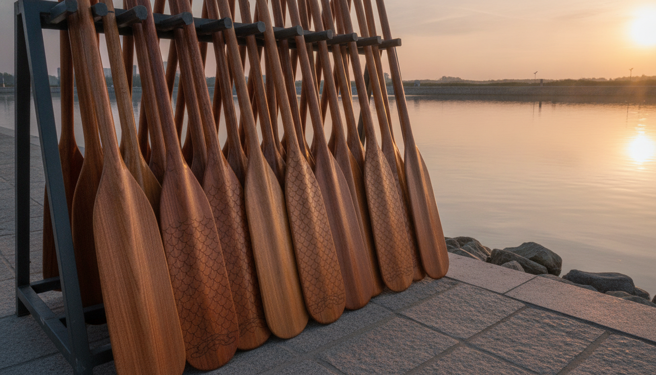 Paddles racked at a waterfront basin before a morning session.