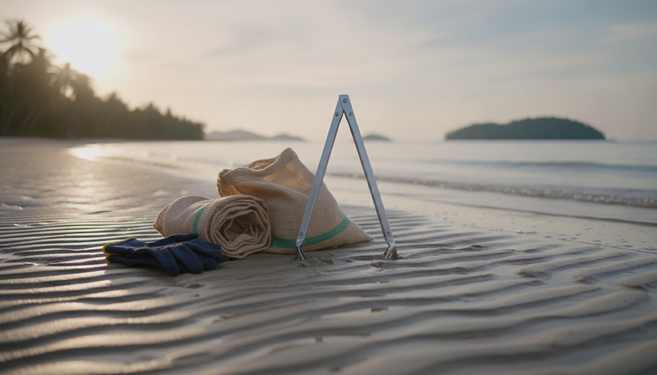 Tongs, gloves and collection sacks laid out on the sand before a shoreline clean-up begins.