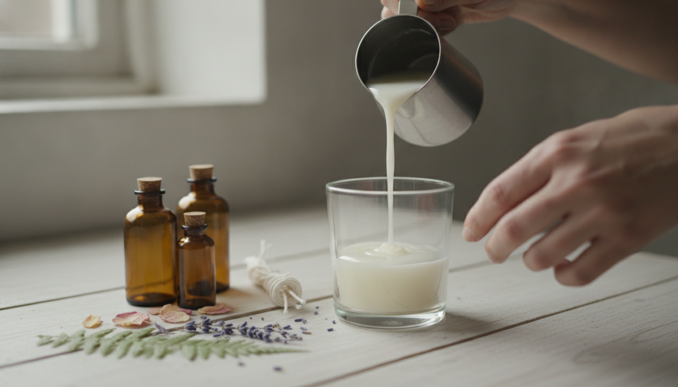 Pouring wax into a glass vessel at a candle-making station, with fragrance oils and wicks laid out ready.