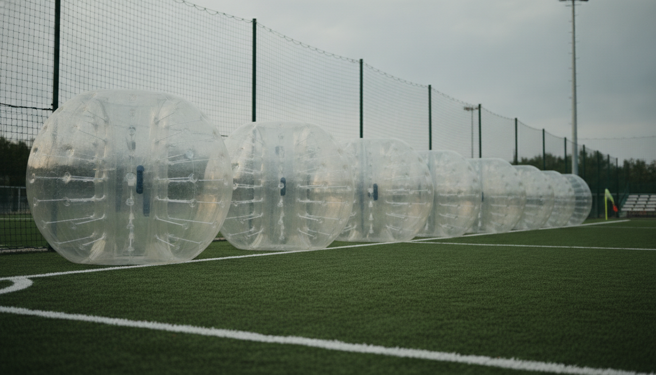 Bubble suits laid out along the sideline of a futsal pitch before a session starts.